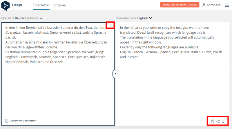 Deepl Übersetzer erkennt die Sprache automatisch