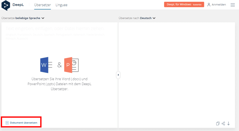 Mit dem Deepl Übersetzer im Browser ein Dokument übersetzen