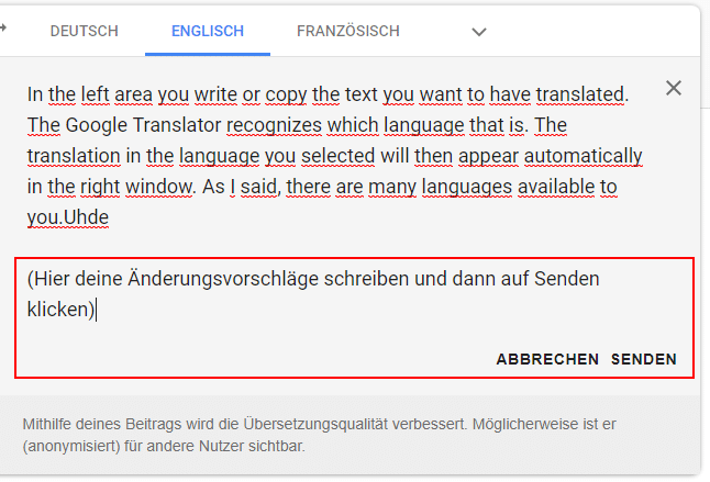 Dem Google Übersetzer Änderungsvorschläge unterbreiten